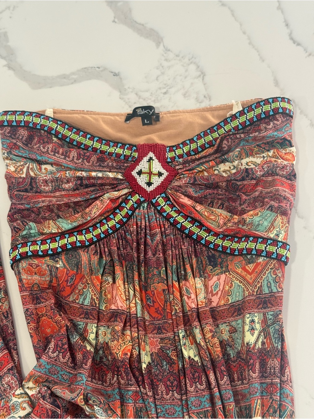 Sky Boho Beaded Strapless Paisley Maxi Dress Womens Sz L vintage Y2K - Picture 2 of 10